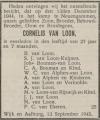 Overlijdensbericht K. van Loon met afwijkende naamspelling (bron: J. Vos)