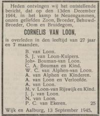 Overlijdensbericht K. van Loon met afwijkende naamspelling (bron: J. Vos)